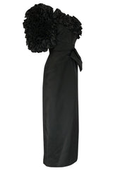 1980s Morton Myles Dramatic Ruffled and Bowed One Shoulder Dress