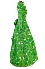 1980s Jean Louis Scherrer Couture Printed Green Silk Gazar Dress w Poured Glass Gripoix Buttons