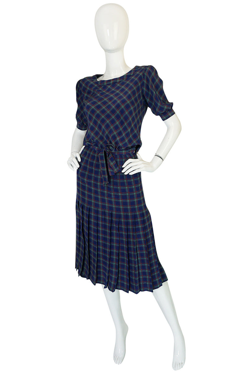 Early 1980s Chanel Silk Drawstring Top & Pleated Skirt Set