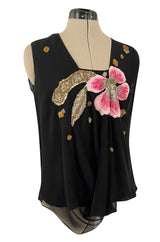 Beautiful Upcycled Vintage Black Silk Chiffon Top w Hand Applied 1920s Flower Detailing
