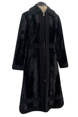 Fabulous 1960s Zip Front Flat Pile Faux Fur Black Coat w Wide Braided Edging Details