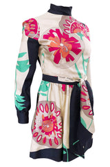 1960s Jean Patou Couture Signed Scarf Print Silk Twill Mini Dress