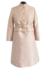Late 1960s Malcolm Starr Butterfly Embroidered Collar Pale Pink Silk Shift Dress & Jacket Set