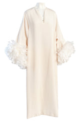 1960s Odette Barsa Loose & Easy Fitting Ivory Silk Caftan w Wide White Feather Cuffs