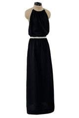 1970s Goldworm Black Knit Backless Dress w Silver Metallic Straps & Elastic Waist