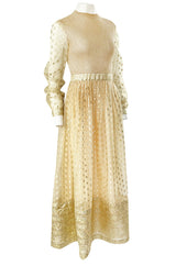 1960s Mannequin Pale Gold Metallic Lame & Organza Maxi Dress