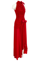 Documented Spring 1987 Valentino Haute Couture Red Silk Crepe Dress w Bow Details