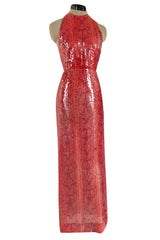 Documented 1974 Bill Blass Red Sequin & Snakeskin Print Ad Campaign Halter Dress