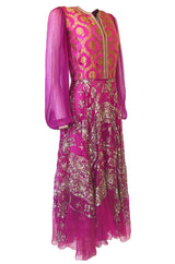 c1969 Thea Porter Couture Gold Brocade & Silver Metal Embroidered Fuchsia Dress