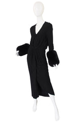 1980s Halston Fur Cuff Black Jersey Gown