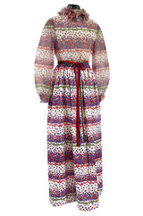 1970s Mollie Parnis Balloon Sleeve Confetti Print Silk Twill & Silk Chiffon Dress w Ruffled Collar