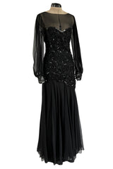 Gorgeous 1980s Loris Azzaro Black Silk Chiffon & Sequin Ribbon Detail Dress