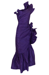 Spring 1982 Unlabeled Givenchy One Shoulder Purple Silk Dress