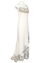 1990s Valentino Trained Backless Ivory Silk Dress w Sequin & Bead Detail