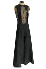 Amazing 1960s Jean Varon Sheer Sequin Bodice Jumpsuit w Wide Textured Pants