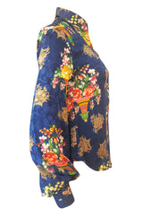 1960s Rare Blue Floral Print Silk Jeff Banks Button Shirt