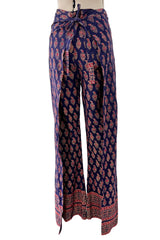 Fantastic 1970s Bill Blass Wrap & Tie Indian Cotton Pants w Red & Gold Print