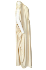 Rare 1970s Yuki Ivory Draped Jersey Open Shoulder Caftan Dress