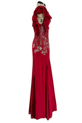 Incredible 2000s John Galliano Deep Red Bias Cut Dress w Silver Bead Detailing