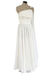 Prettiest 1960s Kiki Hart One Shoulder White Chiffon Dress w Full Skirts & Cascading Panel