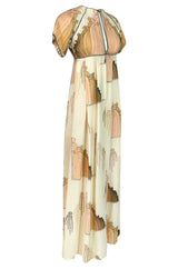 1960s Jean Varon Slit Front Empire Waist Art Deco Print Dress