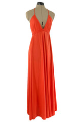 Fantastic 1970s Frank Usher Coral Jersey Dress w a Deep Front Plunge & No Back