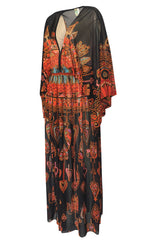 Incredible 1970s Gottex Plunging Light Print Nylon Caftan Dress