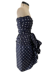 1980s Loris Azzaro Deep Blue Silk Strapless Dress w White Dots & Unusual Skirt