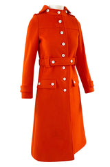 1971 Courreges Numbered Hyperbole Bright Orange Wool Coat w Quilted Interior