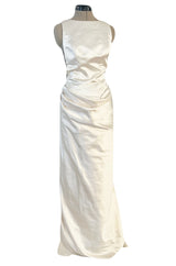 2000s Oleg Cassini Couture Ivory Silk Satin Wedding Dress w Open Beaded Sides & Train
