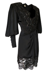 c.1988 Emanuel Ungaro Black Sequin Lace & Silk Satin Dress
