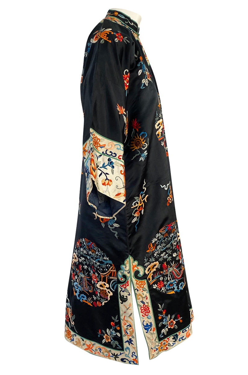 Fabulous 1920s Extensively Hand Embroidered Black Silk Asian Evening Coat