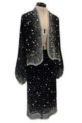 Gorgeous 1983 Halston Beaded Black Silk Chiffon Skirt & Jacket Set w Balloon Sleeves