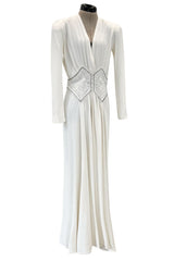 Gorgeous 1930s Off White Moss Crepe Dress w Hand Beaded 'Belt' Detailing