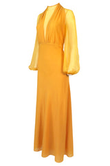 Spring 1972 James Galanos Couture Deep Yellow Silk & Chiffon Plunge Dress
