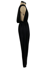 Iconic 1970s Halston Jersey Side & Front Plunging Black Jersey Jumpsuit