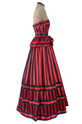 Stunning 1970s Victor Costa Red & Black Striped Satin Finish Strapless Dress