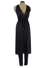 1970s Clobber by Jeff Banks Black Jersey Bare Back Halter Cut Skirted Jumpsuit