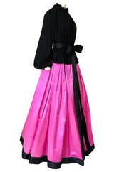 Fall 1977 Bill Blass Couture Full Pink Silk Satin Skirt & Black Top Dress Set