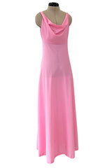 1970s John Kloss for Cira Pink Nylon Jersey Lingerie Dress w Draped Neckline