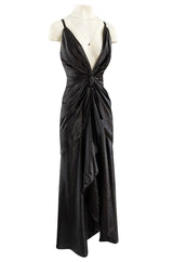 c.1984 John Anthony Black Metallic Lame Jersey Dress w Very Deep Front Plunge & No Back
