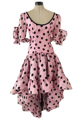 Rare Spring 1990 Yves Saint Laurent Mini Front Skirt Longer Back Pink & Black Dot Dress