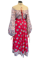 Prettiest 1970s Wallis Off Shoulder Red & Blue Floral Print Dress w Balloon Sleeves