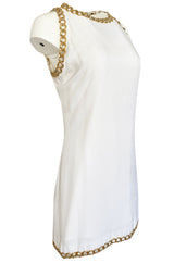 Early 1980s Paco Rabanne White Dress w Gold Metal Loop Detailing