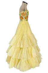 Spring 1977 Jean Louis Scherrer Haute Couture Strapless Floral Sequin Silk Dress w Matching Silk Cape