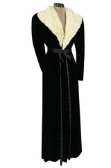 Exceptional 1920s I Magnin Inky Black Velvet Coat w Extravagant White Ermine Collar
