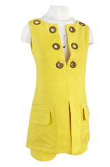 1960s Pierre Cardin Couture Bright Sunny Yellow Tunic & Hot Pant w Open Metal Grommets