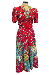 Gorgeous 1940s Unlabeled Cotton Pique Red & Bright Floral Print Dress w Original Belt