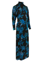 1970s James Galanos Backless Blue Floral Print Ruffled Silk Dress