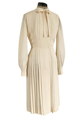 Spring 1976 Chanel Haute Couture Silk Ivory Dress w Hand Stitched Pleats
